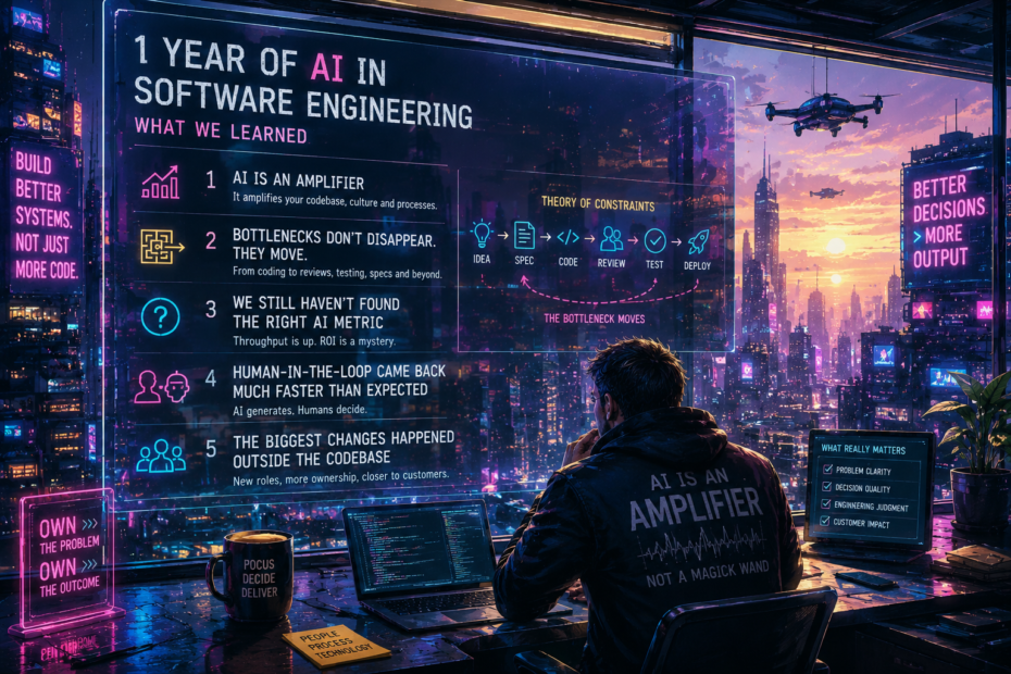 Software engineer reflecting on a year of adopting AI in software engineering, surrounded by futuristic code and data visuals